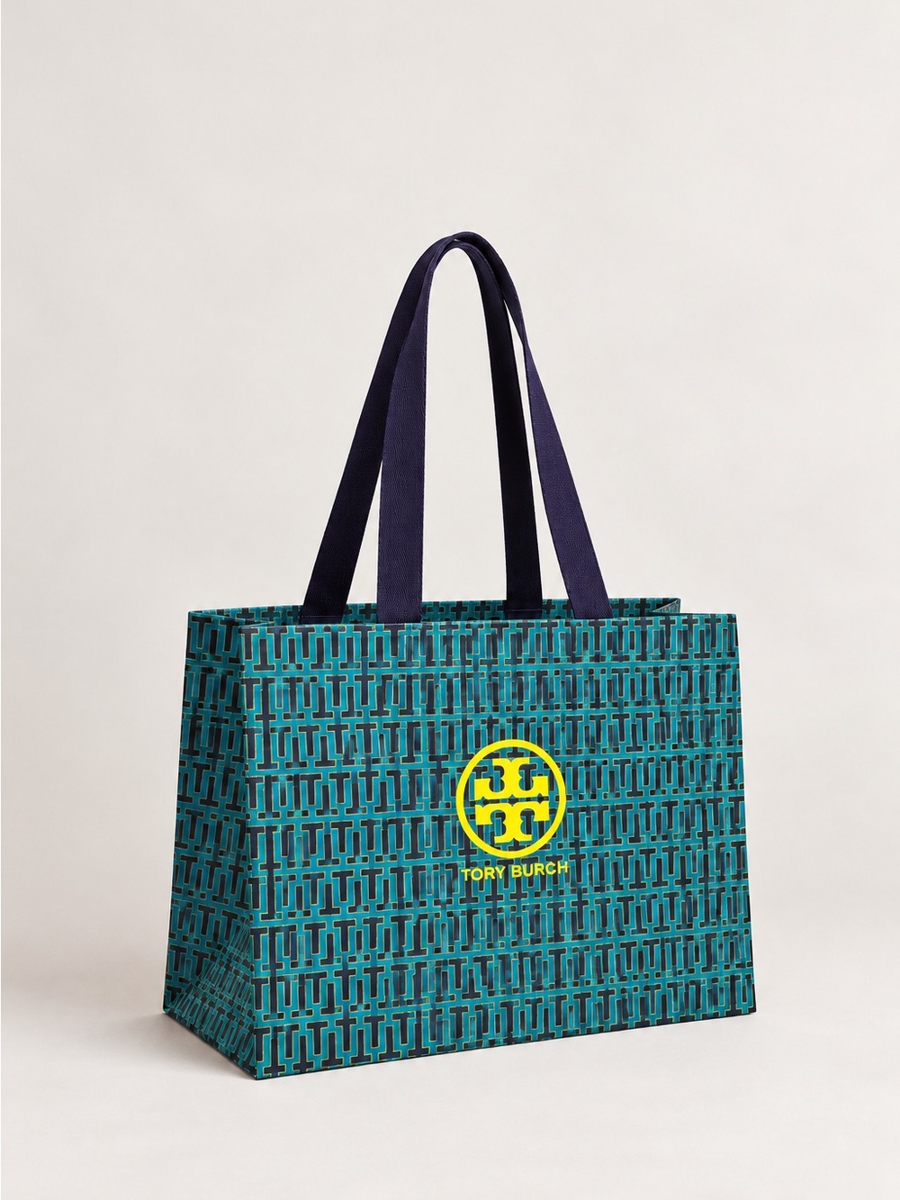 Tory Burch Small Paper Shopping Bag Blue T Print Long Purple Handles Green